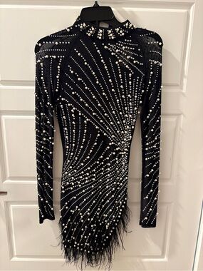 Black Long-Sleeve Embellished Mini Dress with Feather Hem